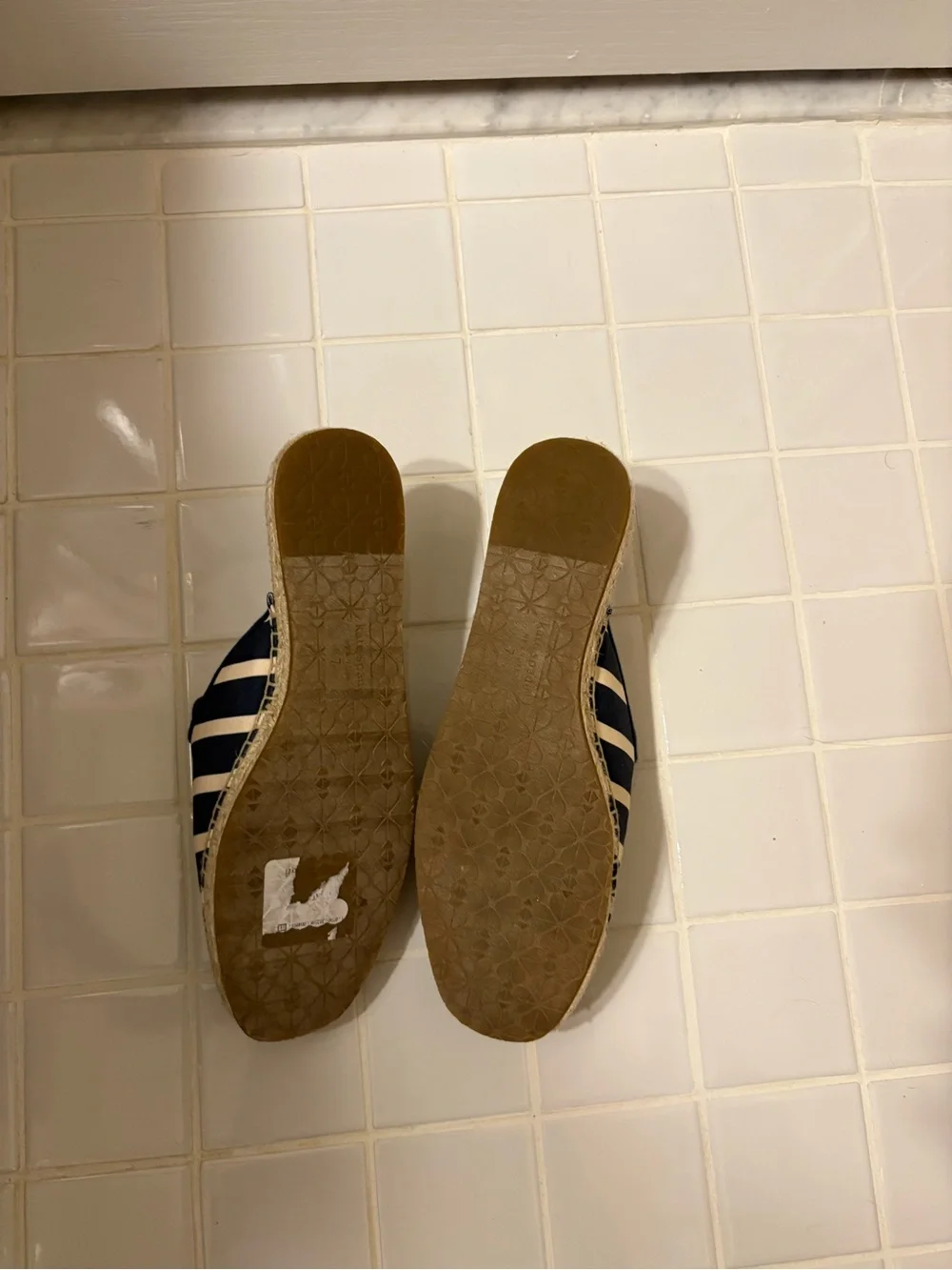 kate spade Navy and White Striped Slip-On Mules with Yellow Flower Appliqués